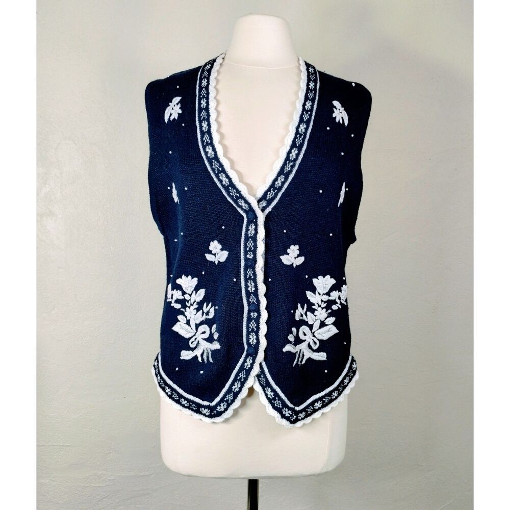 Vtg 90s Womens Knit Vest Dark Navy White Silver Flower Detail. Ramie Cotton Sz L